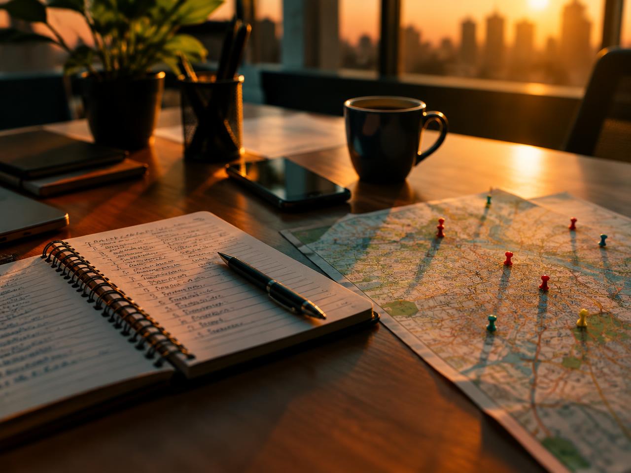 Mesa de trabalho de um vendedor com mapa e lista de clientes